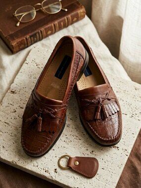 Giorgio Brutini Tassel Loafers Faux Crocodile Fringe Brown Men's Size 10.5
